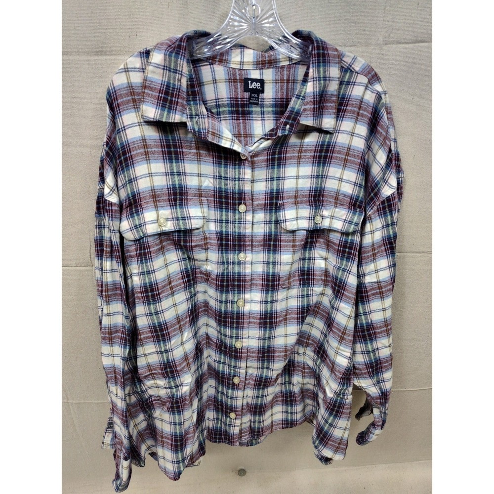 Lee Mens Plaid‎ Flannel Button Down Shirt XXXL Burgundy Blue Long Sleeve Pockets